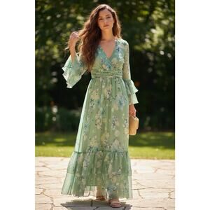 NWT MAC DUGGAL Size 6 Sleeve Ruffle Tea Length Green 68257 Dress Chiffon